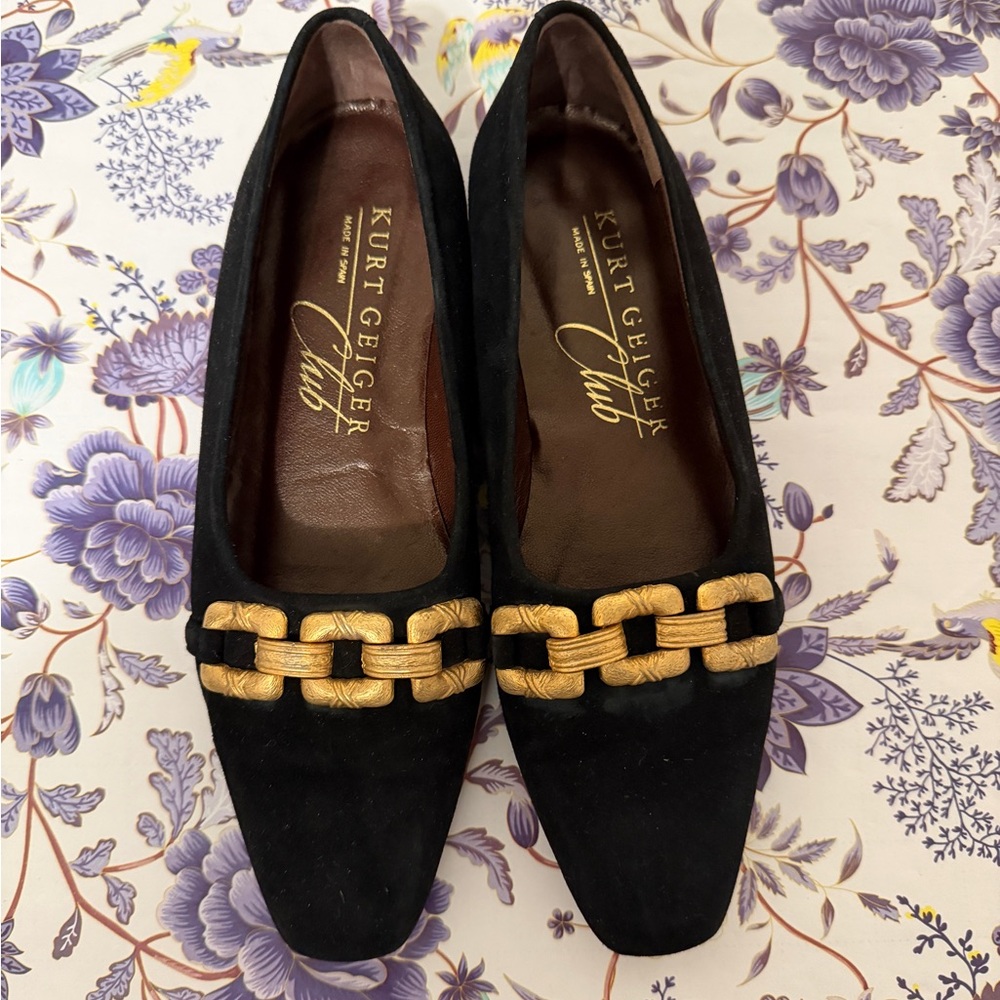 Kurt Geiger Black Flats with Gold Chain Detail